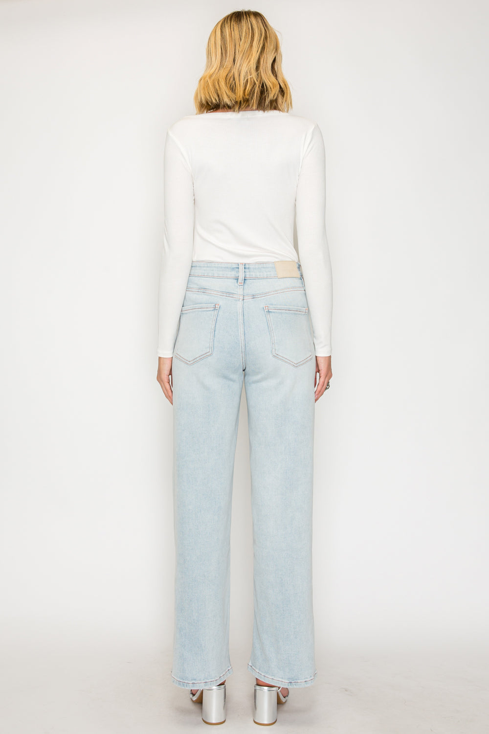 Tummy Control High Rise Modal Fabric Pink Thread Straight Jeans in Light wash view 7 - High-Waisted (bottom)