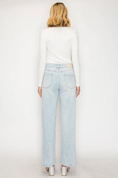 Tummy Control High Rise Modal Fabric Pink Thread Straight Jeans in Light wash view 7 - High-Waisted (bottom)
