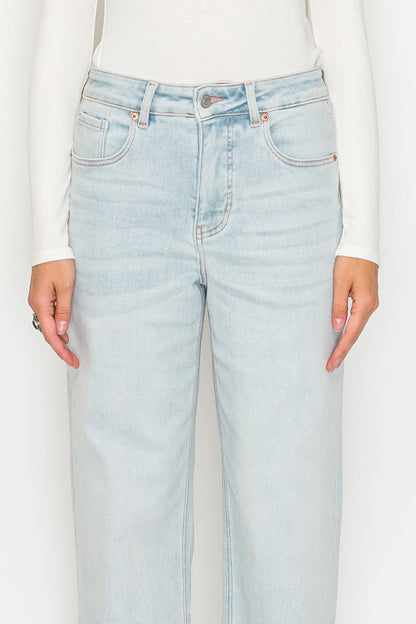 Tummy Control High Rise Modal Fabric Pink Thread Straight Jeans in Light wash view 8 - High-Waisted (bottom)