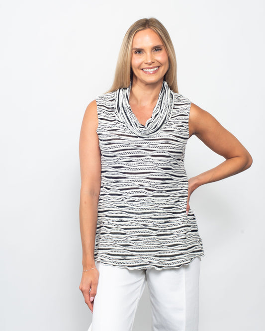 Twisted Stripe 3/4 Sleeve Cowl Neck Tank in Black/White - Cowl Tank (top)