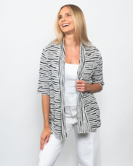 Twisted Stripe Elbow Sleeve Cardigan in Black/White view 2 - Elbow Cardigan (top)