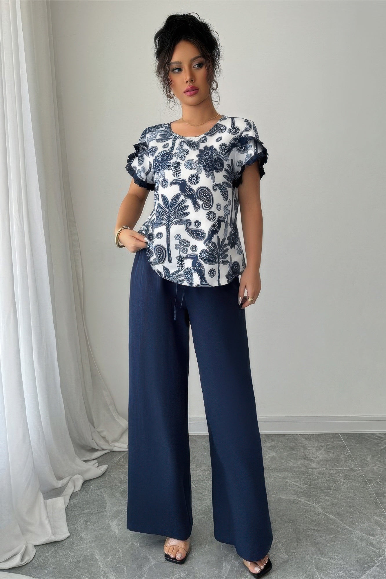 Two Pieces Floral Print Ruffle Hem Sleeve Sets in Royal Blue - Two Piece Sets Women (one-piece)