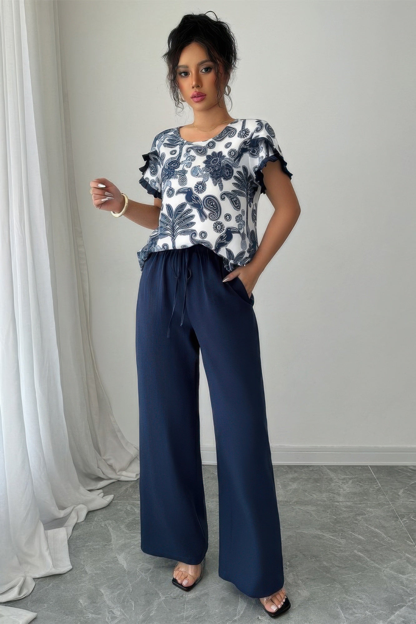 Two Pieces Floral Print Ruffle Hem Sleeve Sets in Royal Blue view 2 - Two Piece Sets Women (one-piece)