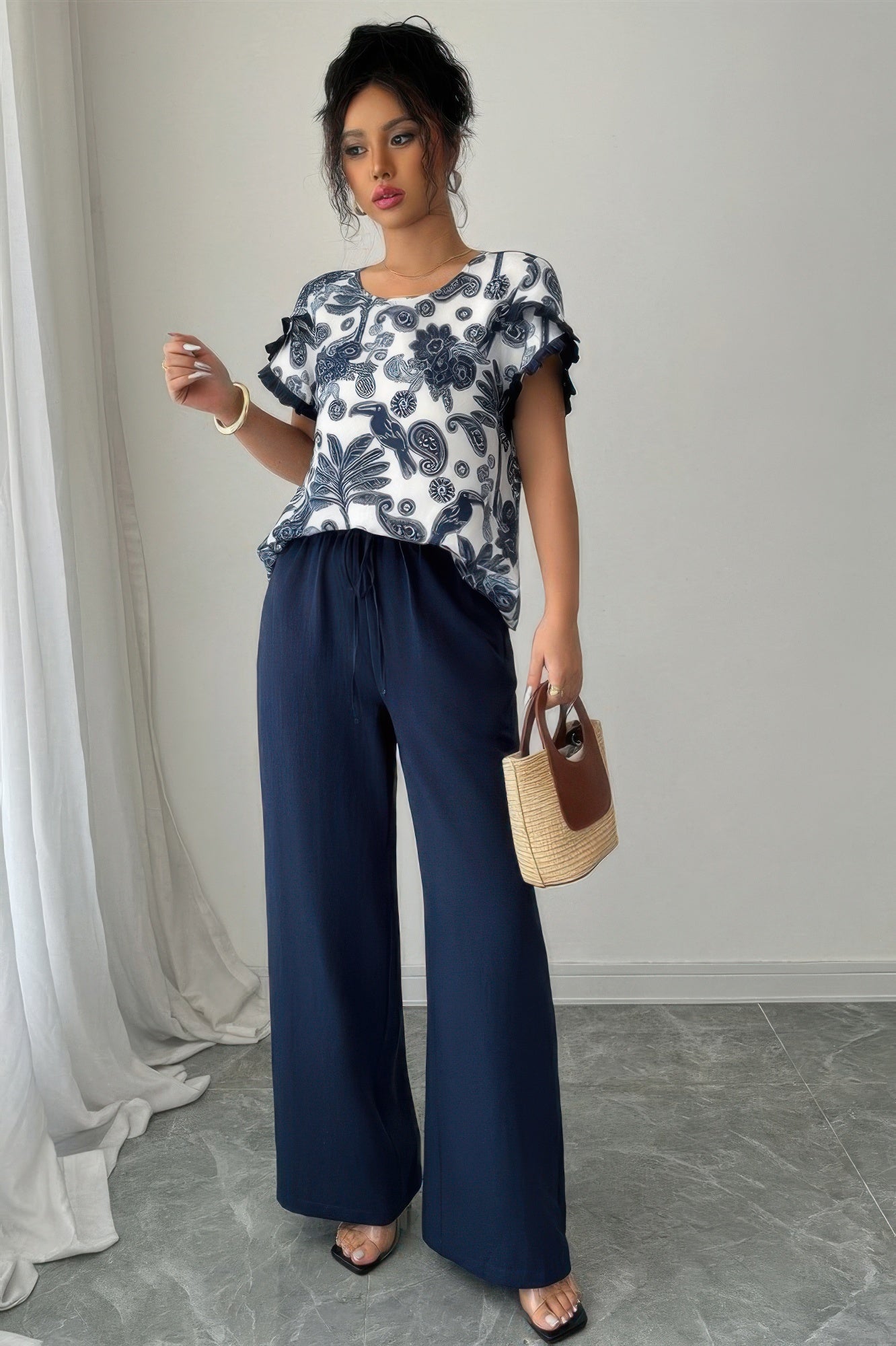 Two Pieces Floral Print Ruffle Hem Sleeve Sets in Royal Blue view 4 - Two Piece Sets Women (one-piece)