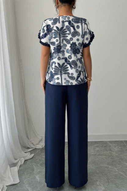 Two Pieces Floral Print Ruffle Hem Sleeve Sets view 5 - Two Piece Sets Women (one-piece)