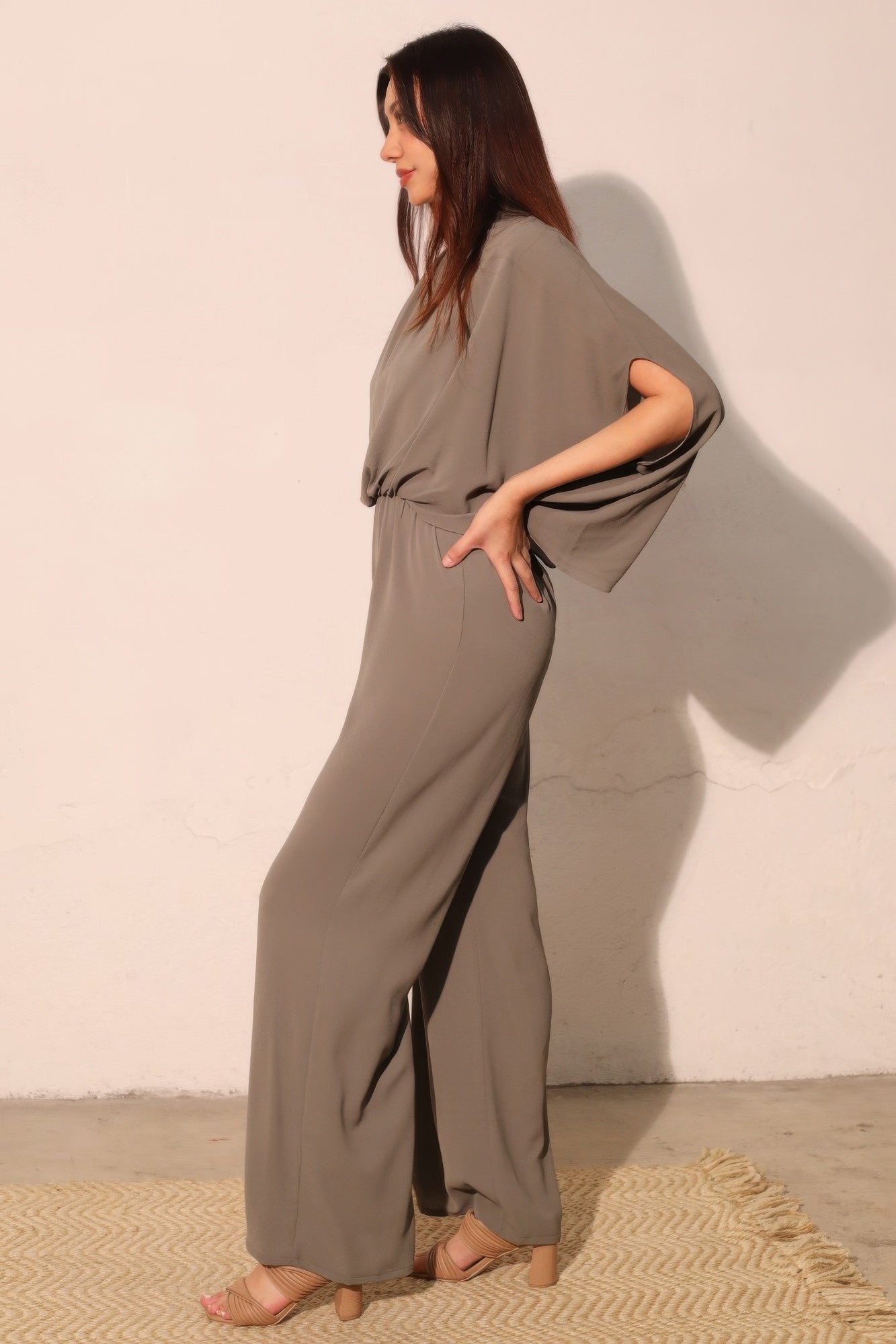 Tyche Textured Solid Mock Neck Caftan Jumpsuit in L view 3 (one-piece)