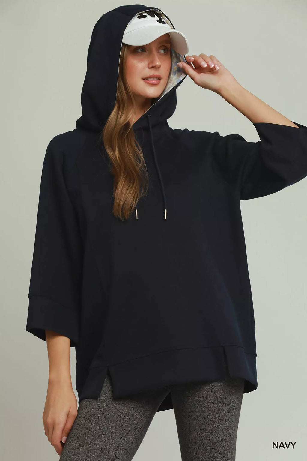 Umgee 3/4 Sleeve Tunic Top with Graphic Hoodie NAVY (top) - umgee tunic tops, umgee velvet tunic top, w - shop at us.meeeshop