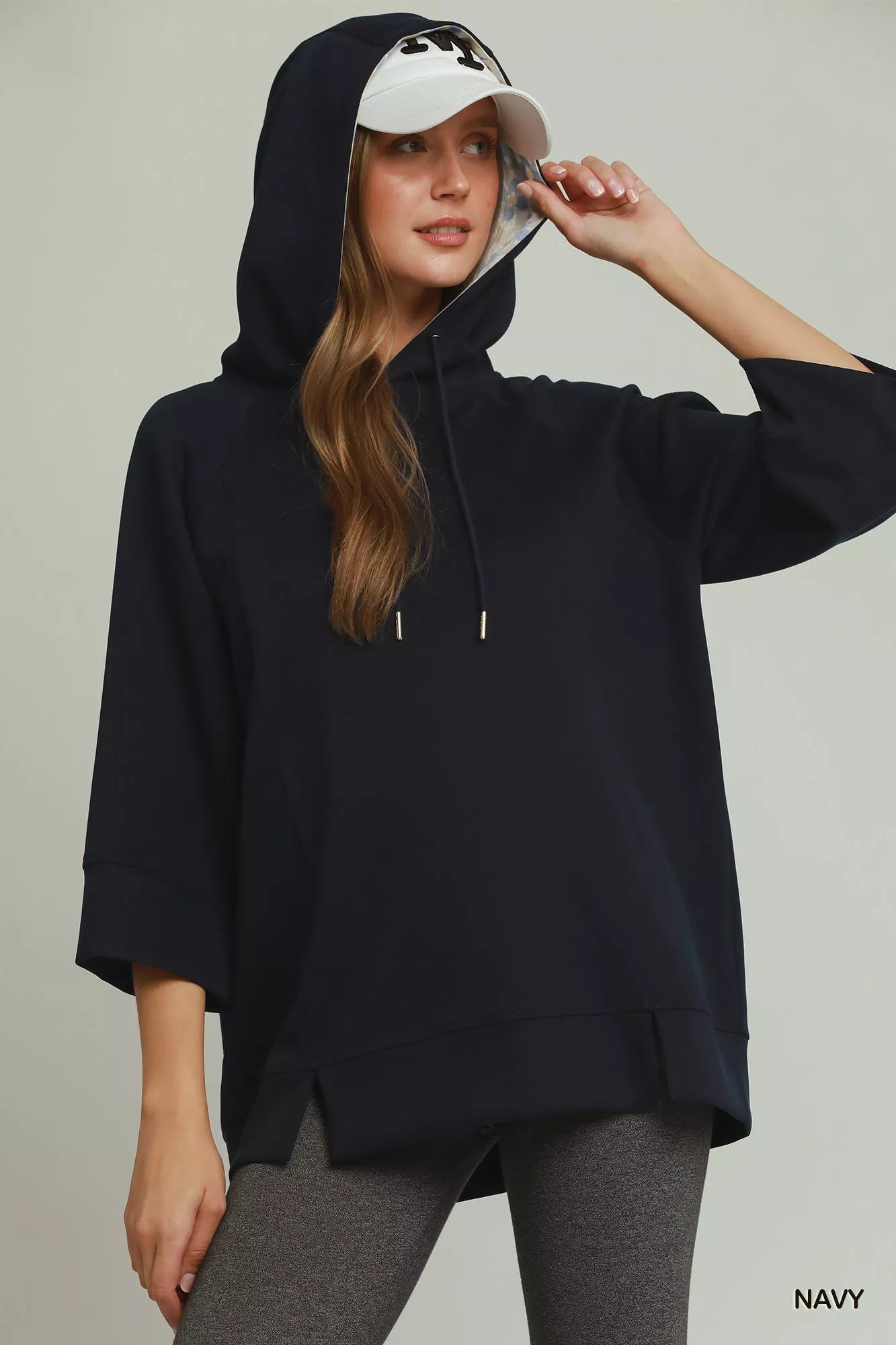Umgee 3/4 Sleeve Tunic Top with Graphic Hoodie NAVY (top) - umgee tunic tops, umgee velvet tunic top, w - shop at us.meeeshop