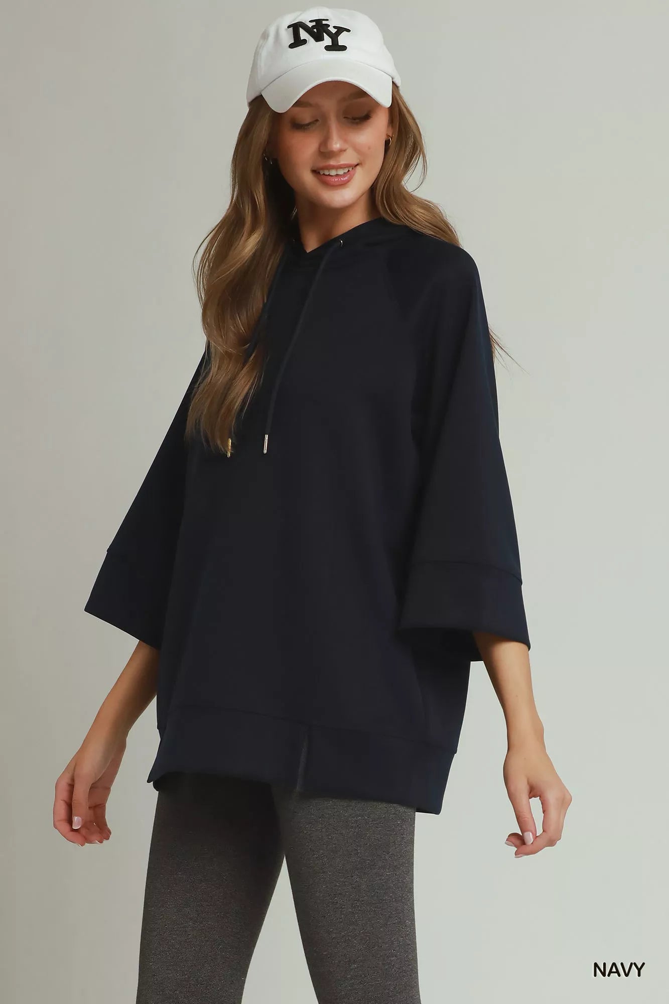 Umgee 3/4 Sleeve Tunic Top with Graphic Hoodie NAVY view 2 (top) - umgee tunic tops, umgee velvet tunic - shop at us.meeeshop