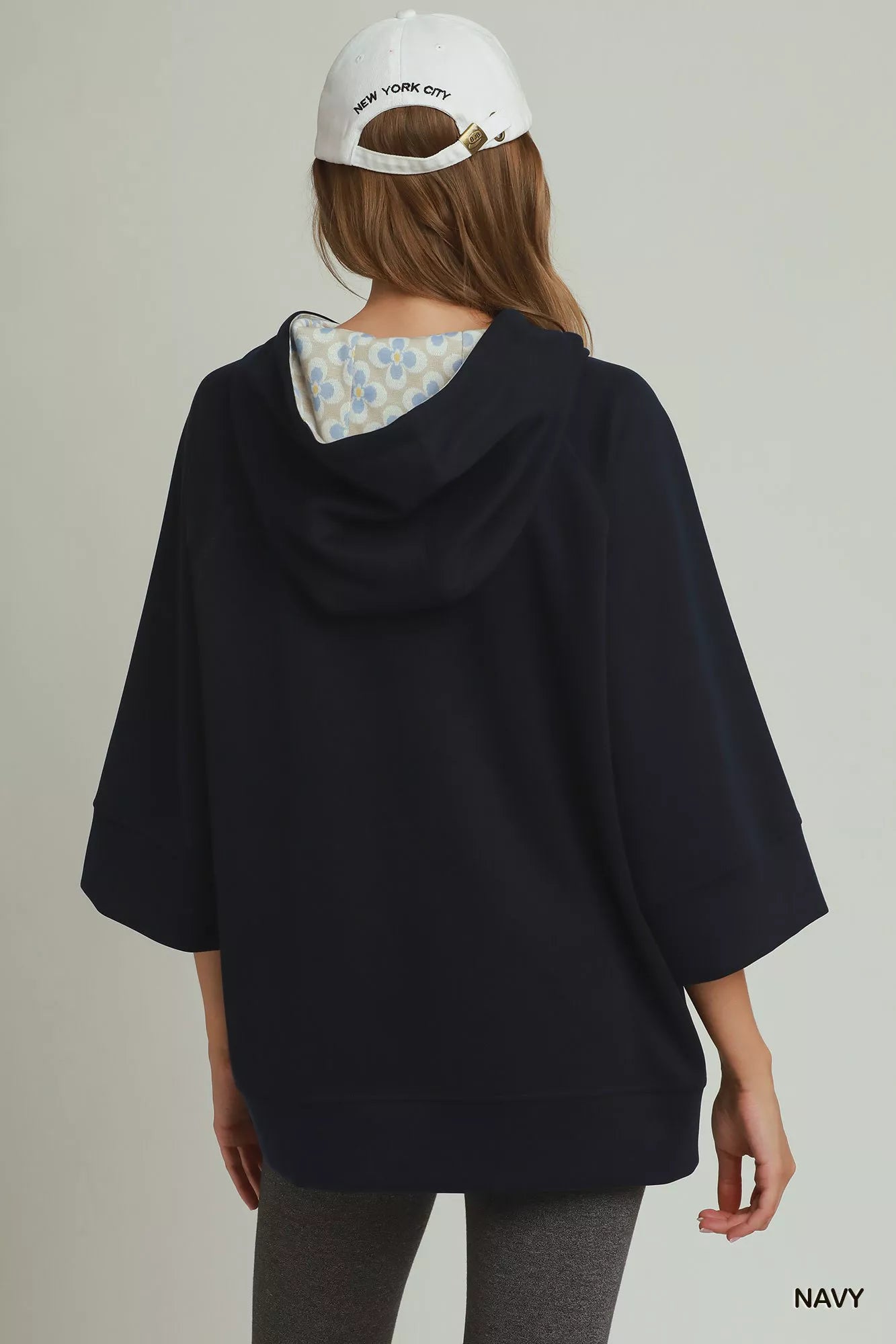 Umgee 3/4 Sleeve Tunic Top with Graphic Hoodie NAVY view 3 (top) - umgee tunic tops, umgee velvet tunic - shop at us.meeeshop