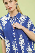 Umgee Abstract Print Button Down Short Sleeve Shirt COBALT BLUE (top) - short shirt, down short shirt - shop at us.meeeshop