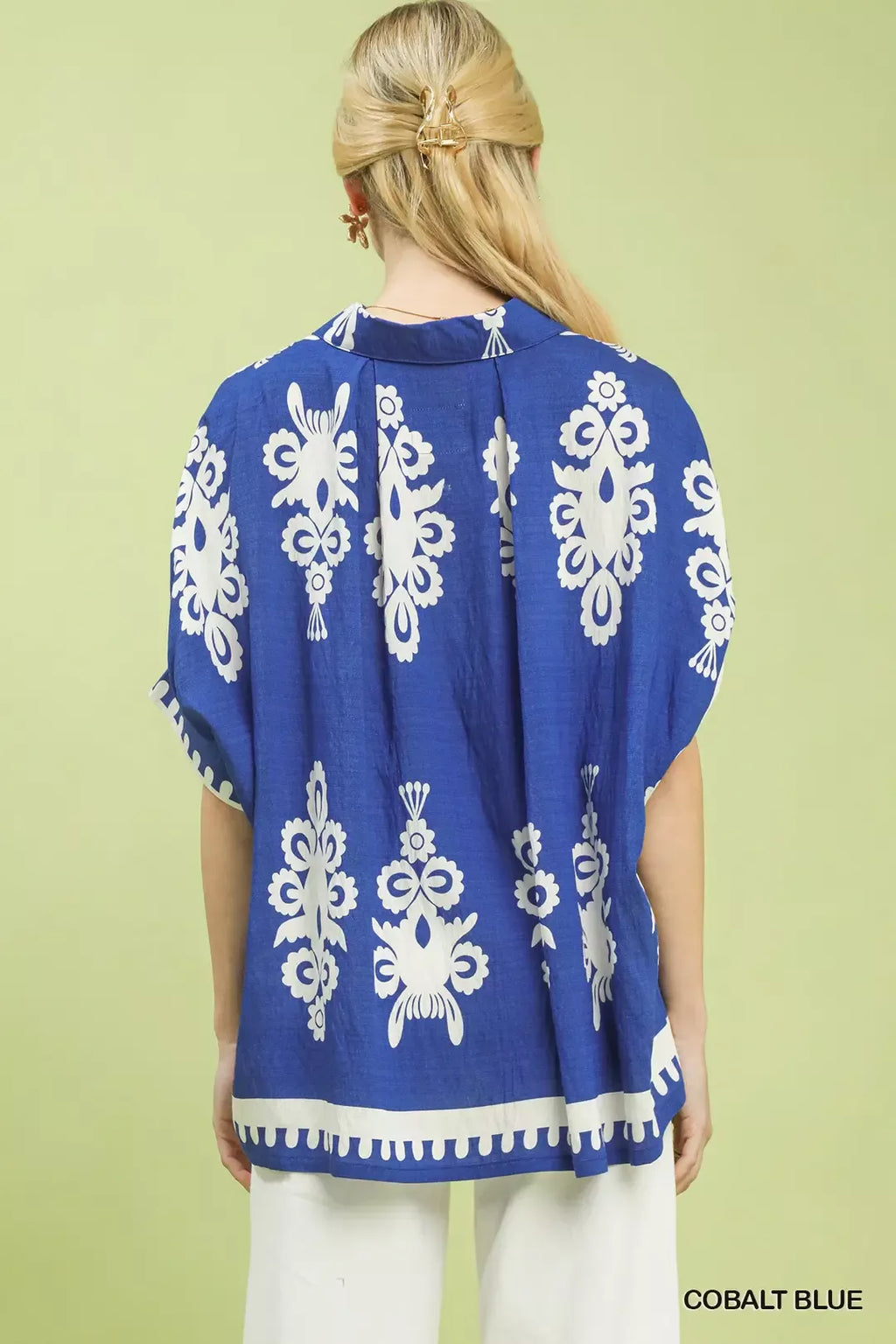 Umgee Abstract Print Button Down Short Sleeve Shirt COBALT BLUE view 2 (top) - short shirt, down short  - shop at us.meeeshop