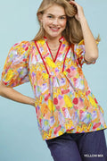 Umgee Abstract Print Puff Sleeve Top YELLOW MIX (top) - umgee abstract print top, umgee tops amazon, um - shop at us.meeeshop
