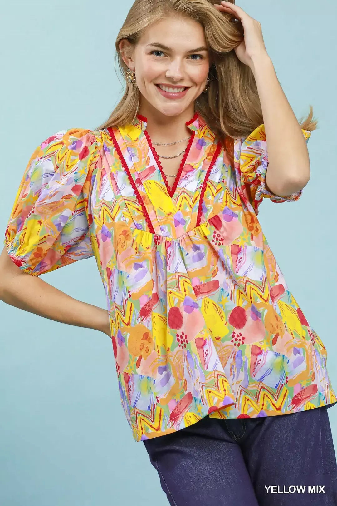 umgee abstract print Umgee Abstract Print Puff Sleeve Top YELLOW MIX (top) - shop at us.meeeshop