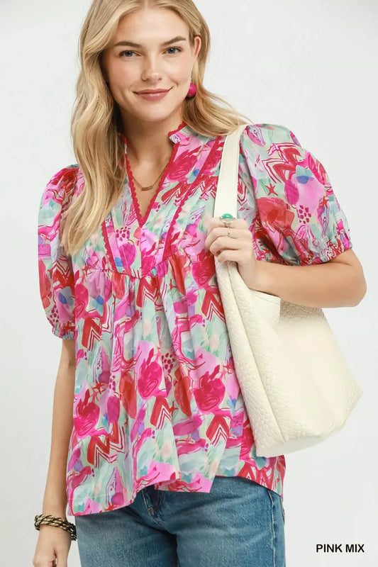 umgee abstract print Umgee Abstract Print Puff Sleeve Top PINK MIX (top) - shop at us.meeeshop