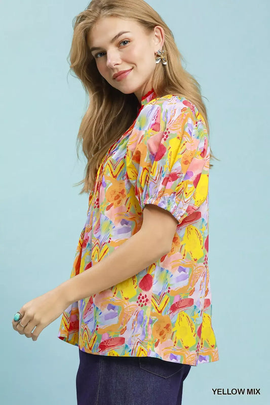 umgee abstract print Umgee Abstract Print Puff Sleeve Top view 2 (top) - shop at us.meeeshop