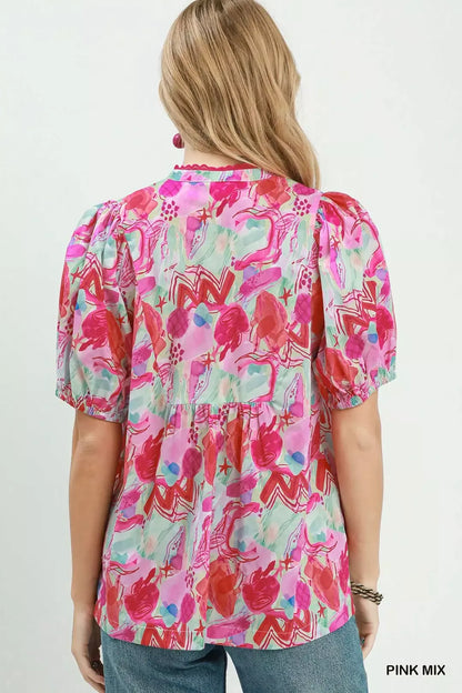 umgee abstract print Umgee Abstract Print Puff Sleeve Top view 3 (top) - shop at us.meeeshop