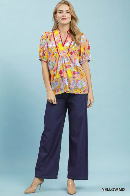 umgee abstract print Umgee Abstract Print Puff Sleeve Top view 5 (top) - shop at us.meeeshop