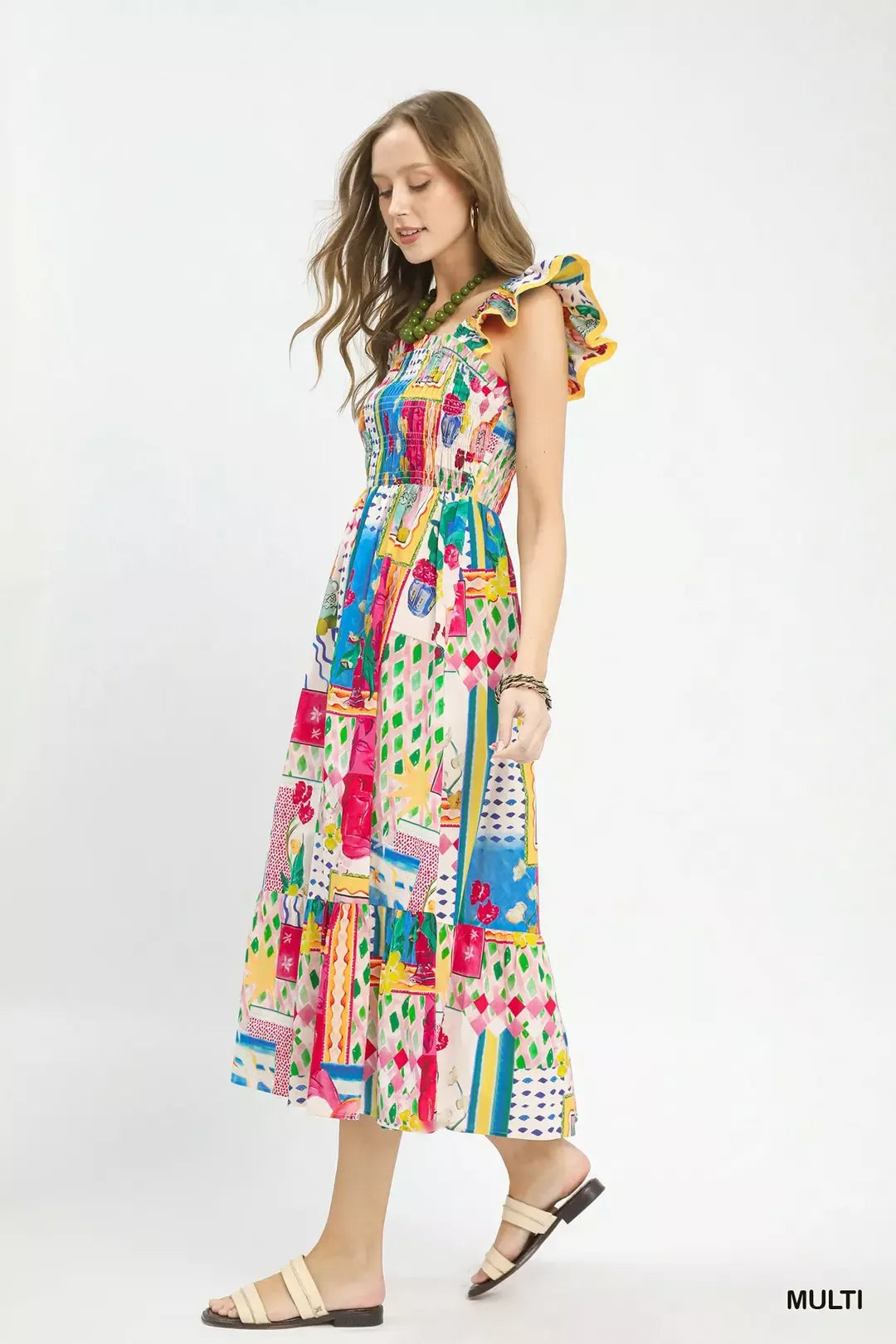 umgee abstract print Umgee Abstract Print Smocked Ruffle Sleeve Tiered Midi Dress view 3 (dress) - shop at us.meeeshop