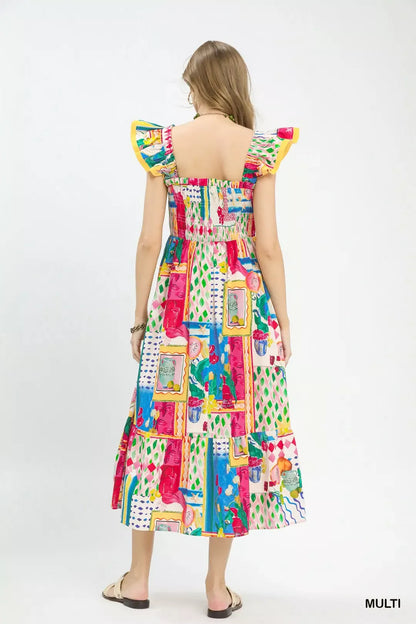 umgee abstract print Umgee Abstract Print Smocked Ruffle Sleeve Tiered Midi Dress view 4 (dress) - shop at us.meeeshop