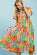 Umgee Abstract Tropical Print Tiered Midi Dress TANGERINE MIX (dress) - umgee abstract print dress, umg - shop at us.meeeshop
