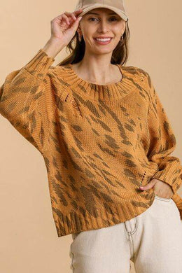 Umgee Animal Print Round Neck Distressed Detail Sweater Plus Size