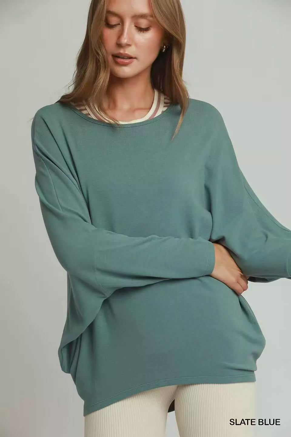 umgee batwing round Umgee Batwing Round Neck Long Sleeve Top SLATE BLUE (top) - shop at us.meeeshop