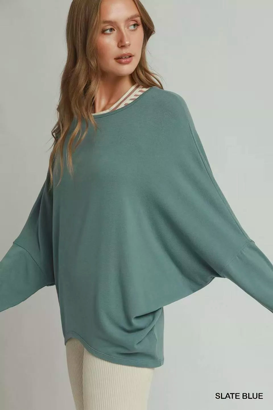 Umgee Batwing Round Neck Long Sleeve Top SLATE BLUE view 2 (top) - umgee twist front top, umgee top sal - shop at us.meeeshop