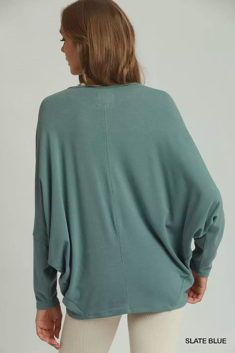 Umgee Batwing Round Neck Long Sleeve Top SLATE BLUE view 3 (top) - umgee twist front top, umgee top sal - shop at us.meeeshop