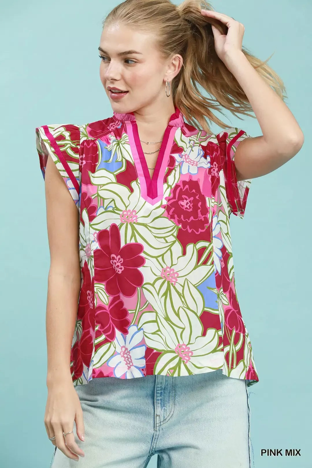 umgee bold floral Umgee Bold Floral Flutter Sleeve Top PINK MIX (top) - shop at us.meeeshop