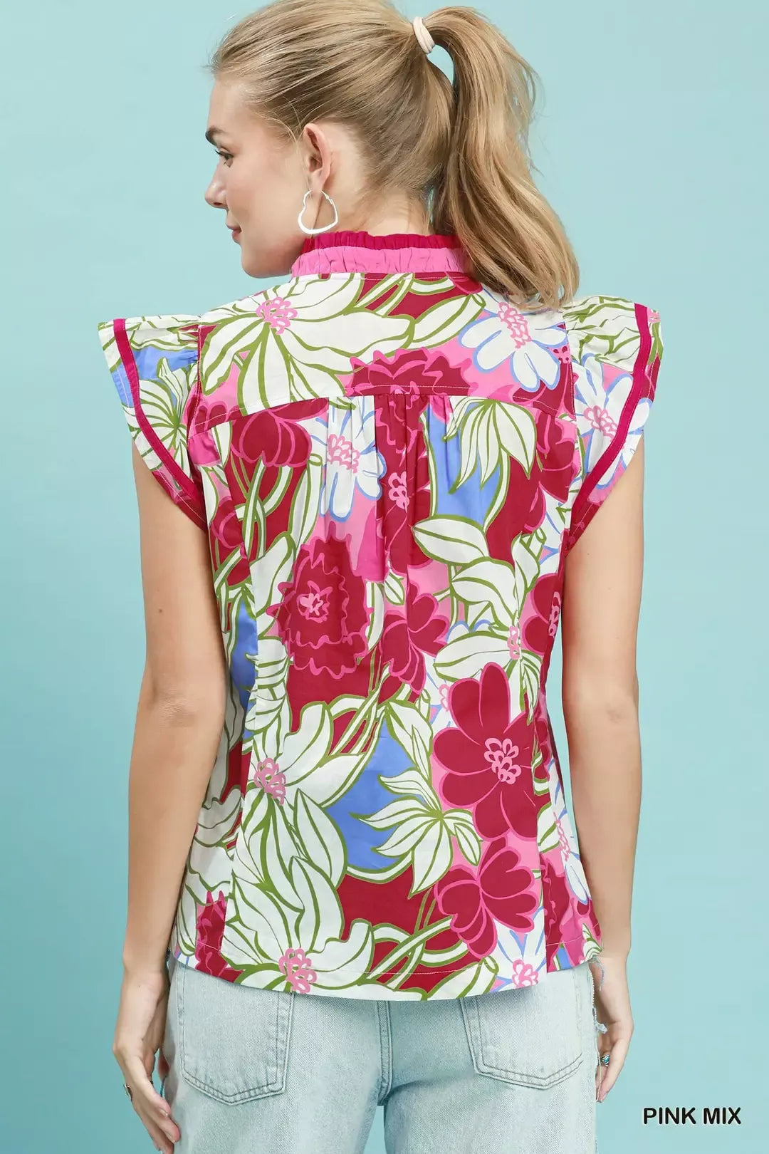 umgee bold floral Umgee Bold Floral Flutter Sleeve Top view 3 (top) - shop at us.meeeshop