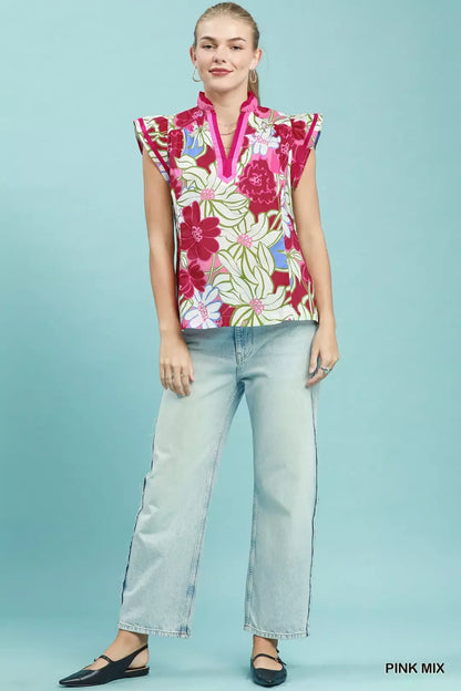 umgee bold floral Umgee Bold Floral Flutter Sleeve Top view 5 (top) - shop at us.meeeshop