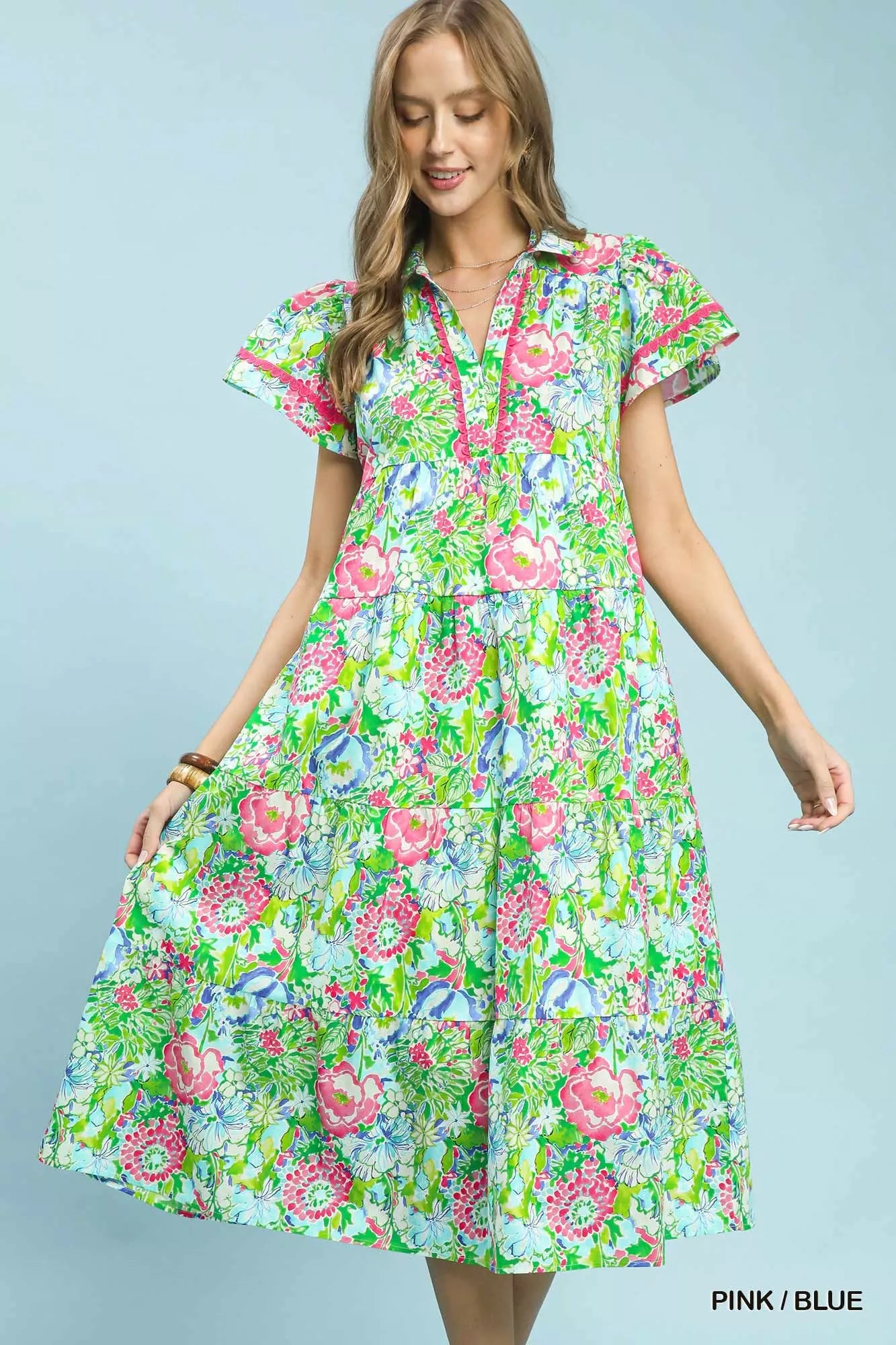 Umgee Bold Mixed Floral Tiered Midi Dress PINK / BLUE (dress) - midi dress, tiered midi dress - shop at us.meeeshop