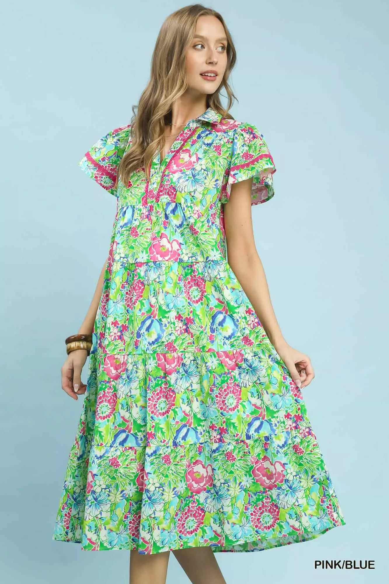 Umgee Bold Mixed Floral Tiered Midi Dress PINK / BLUE view 2 (dress) - midi dress, tiered midi dress - shop at us.meeeshop