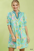 Umgee Botanical Print Dress with Smocked Cuffs BLUE (dress) - cuffs dress, smocked cuffs dress - shop at us.meeeshop