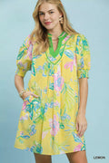 Umgee Botanical Print Dress with Smocked Cuffs LEMON (dress) - cuffs dress, smocked cuffs dress - shop at us.meeeshop