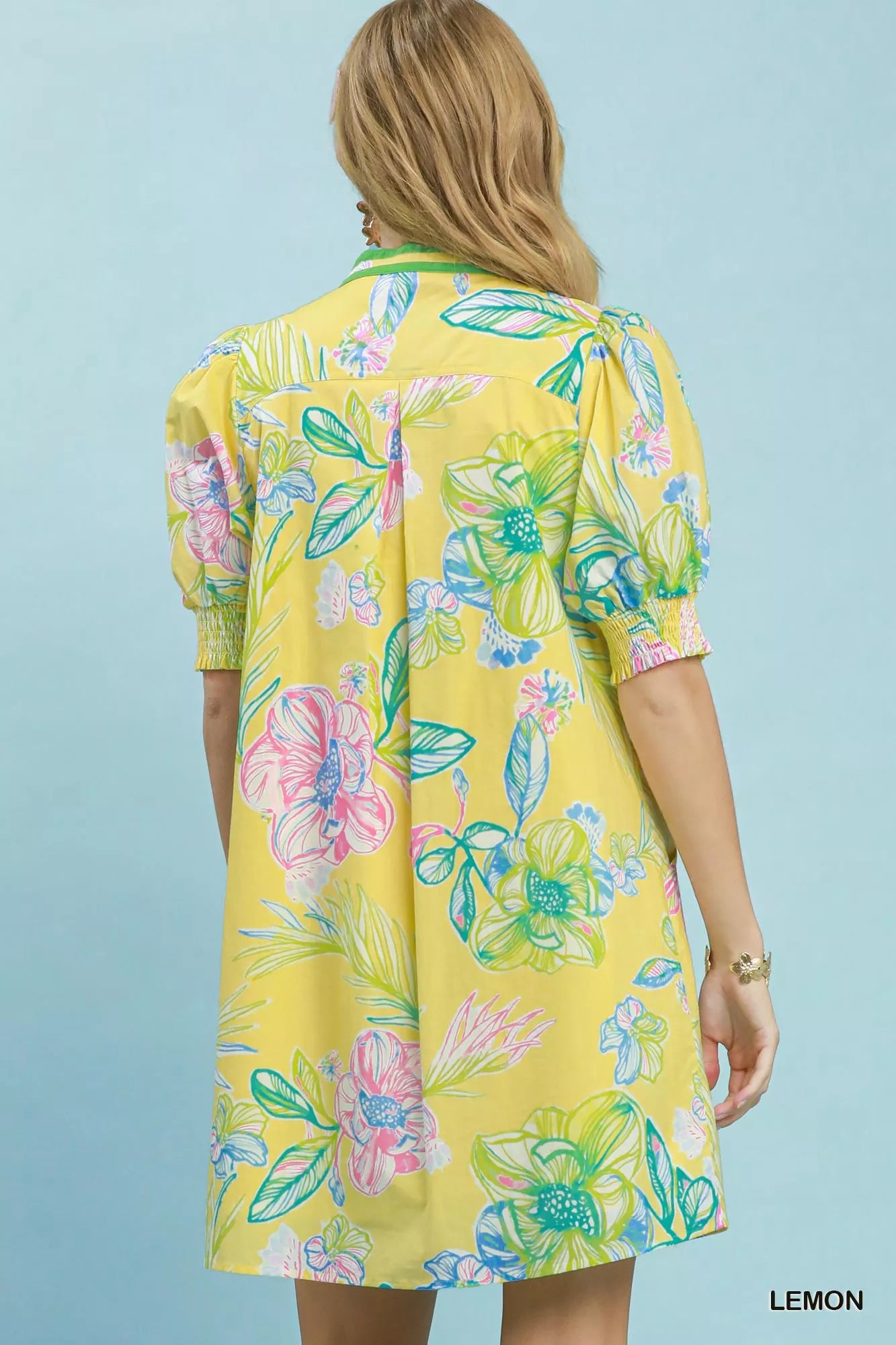 Umgee Botanical Print Dress with Smocked Cuffs LEMON view 3 (dress) - cuffs dress, smocked cuffs dress - shop at us.meeeshop