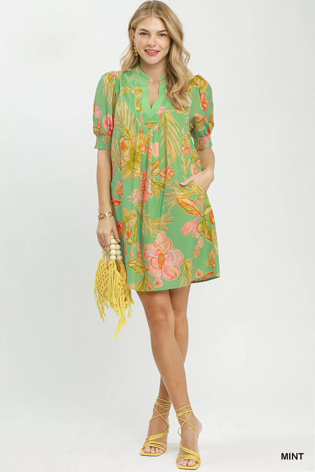 Umgee Botanical Print Dress with Smocked Cuffs MINT view 3 (dress) - cuffs dress, smocked cuffs dress - shop at us.meeeshop