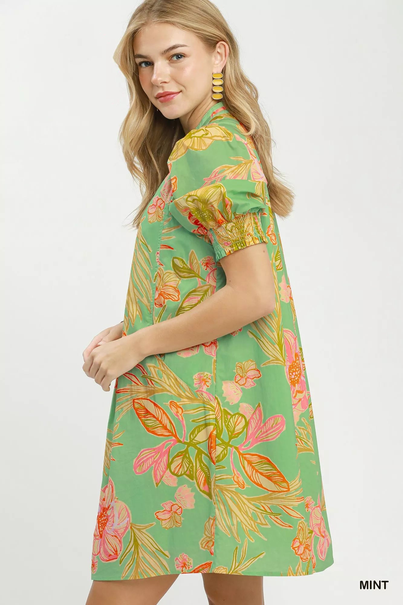 Umgee Botanical Print Dress with Smocked Cuffs view 4 (dress) - cuffs dress, smocked cuffs dress - shop at us.meeeshop
