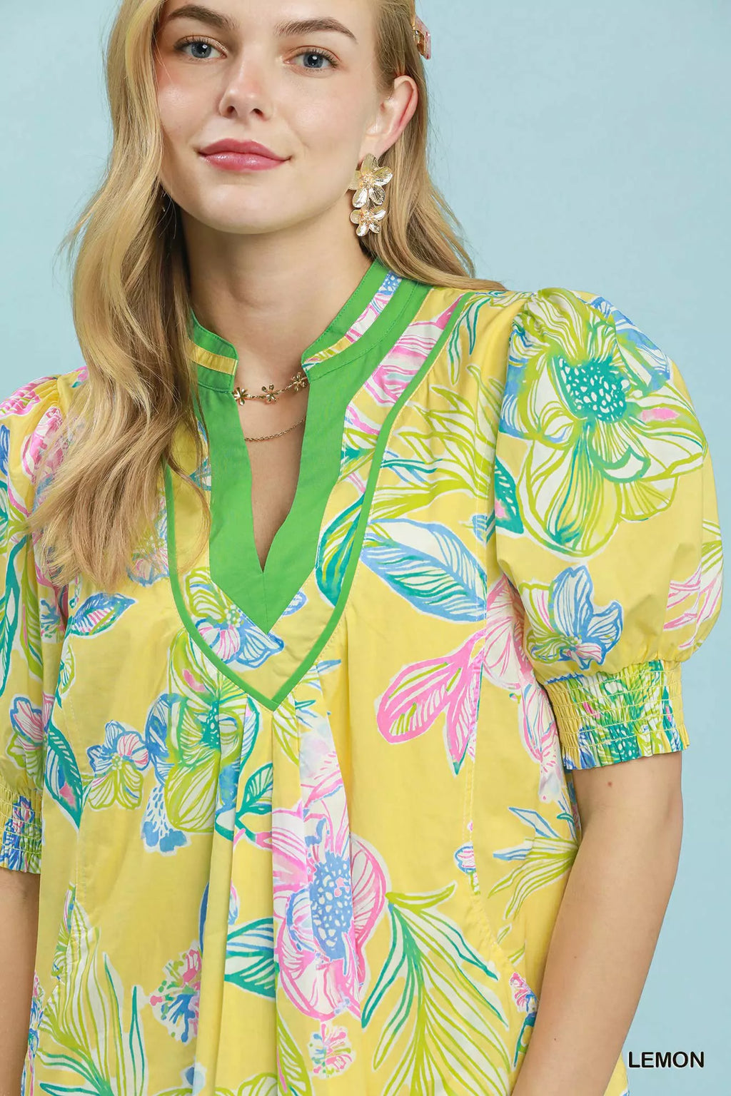 Umgee Botanical Print Dress with Smocked Cuffs view 4 (dress) - cuffs dress, smocked cuffs dress - shop at us.meeeshop