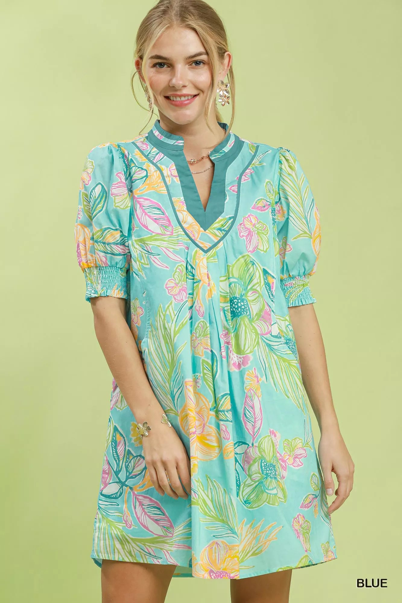 umgee botanical print Umgee Botanical Print Dress with Smocked Cuffs BLUE (dress) - shop at us.meeeshop