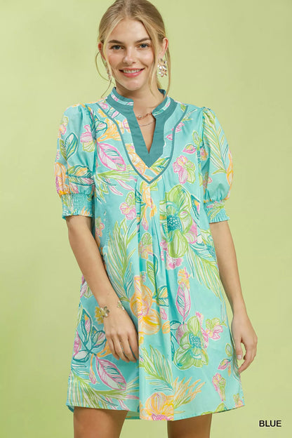 umgee botanical print Umgee Botanical Print Dress with Smocked Cuffs BLUE (dress) - shop at us.meeeshop