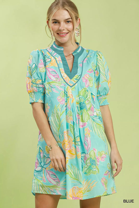 umgee botanical print Umgee Botanical Print Dress with Smocked Cuffs BLUE (dress) - shop at us.meeeshop