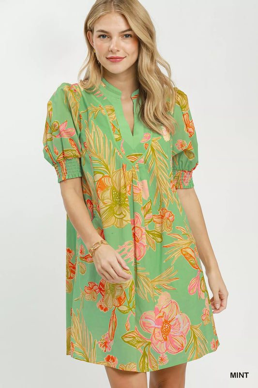 umgee botanical print Umgee Botanical Print Dress with Smocked Cuffs MINT (dress) - shop at us.meeeshop