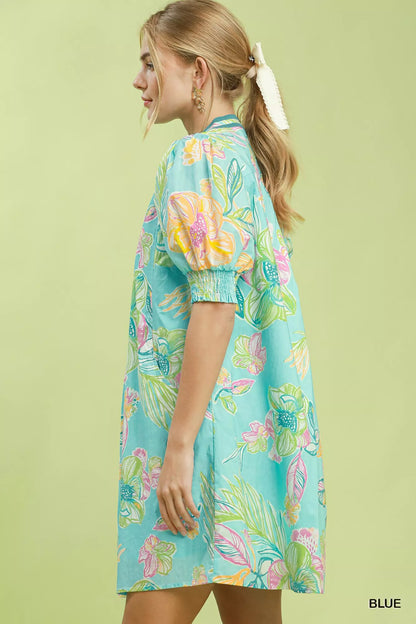 umgee botanical print Umgee Botanical Print Dress with Smocked Cuffs view 2 (dress) - shop at us.meeeshop