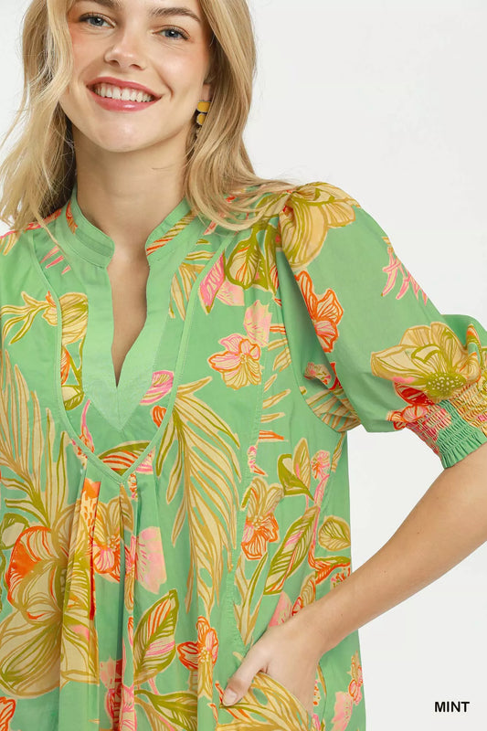 umgee botanical print Umgee Botanical Print Dress with Smocked Cuffs view 2 (dress) - shop at us.meeeshop