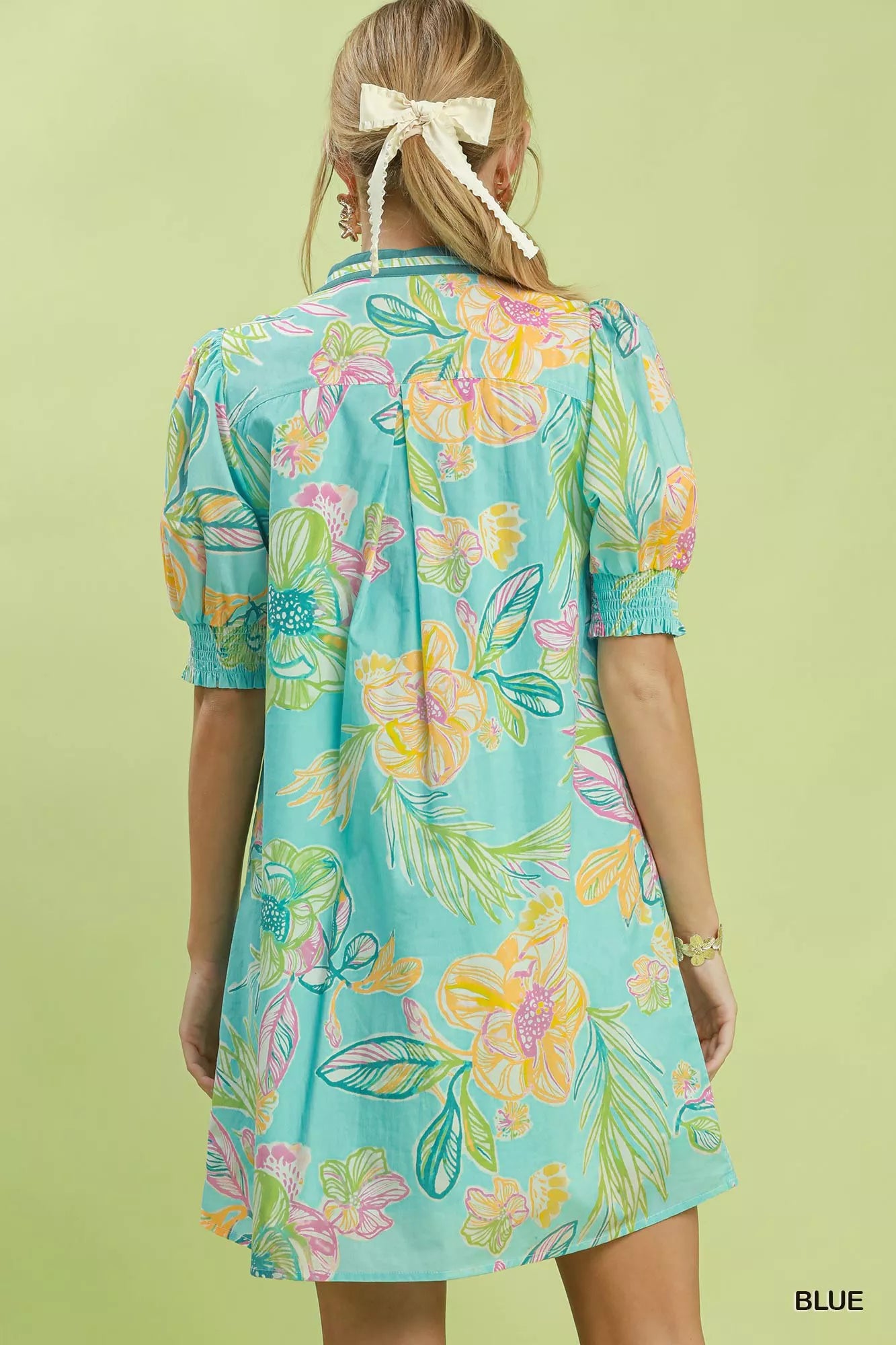 umgee botanical print Umgee Botanical Print Dress with Smocked Cuffs view 3 (dress) - shop at us.meeeshop
