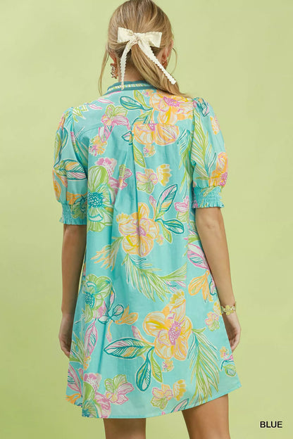 umgee botanical print Umgee Botanical Print Dress with Smocked Cuffs view 3 (dress) - shop at us.meeeshop