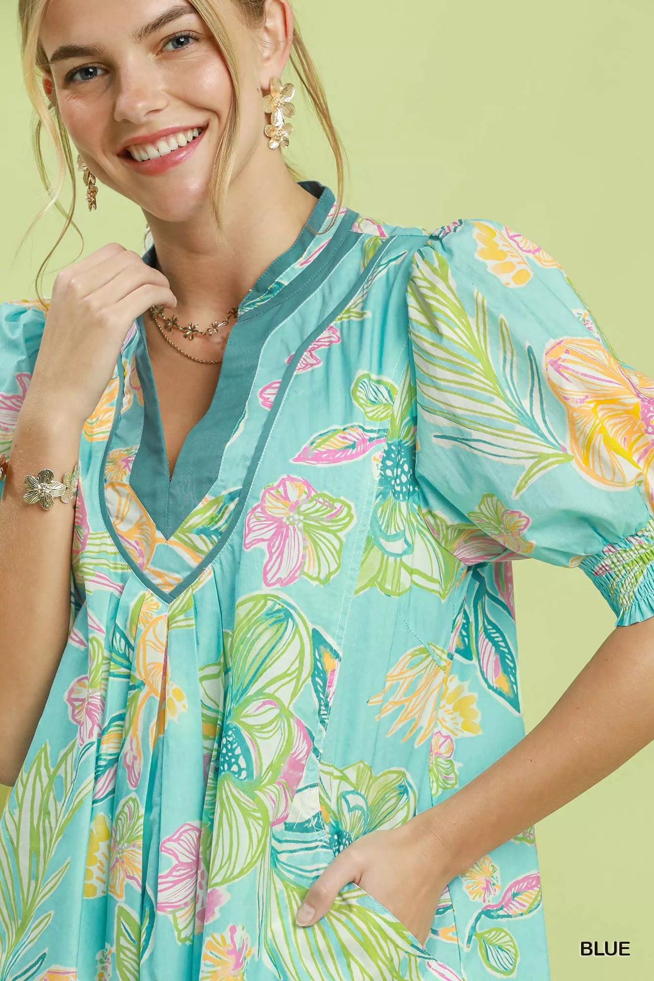 umgee botanical print Umgee Botanical Print Dress with Smocked Cuffs view 4 (dress) - shop at us.meeeshop