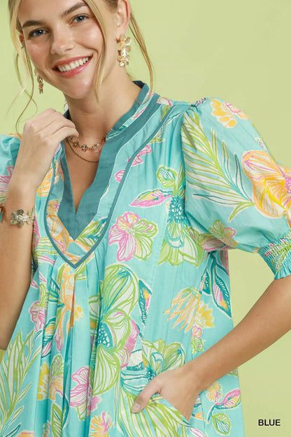 umgee botanical print Umgee Botanical Print Dress with Smocked Cuffs view 4 (dress) - shop at us.meeeshop